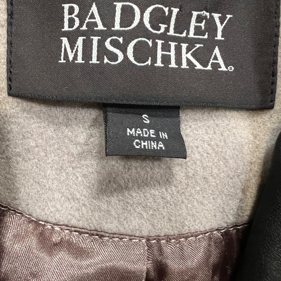 Badgley Mischa Wool Dress Coat Mixed Media Lace Leather Accents Sz S Taupe/Black - Picture 5 of 16